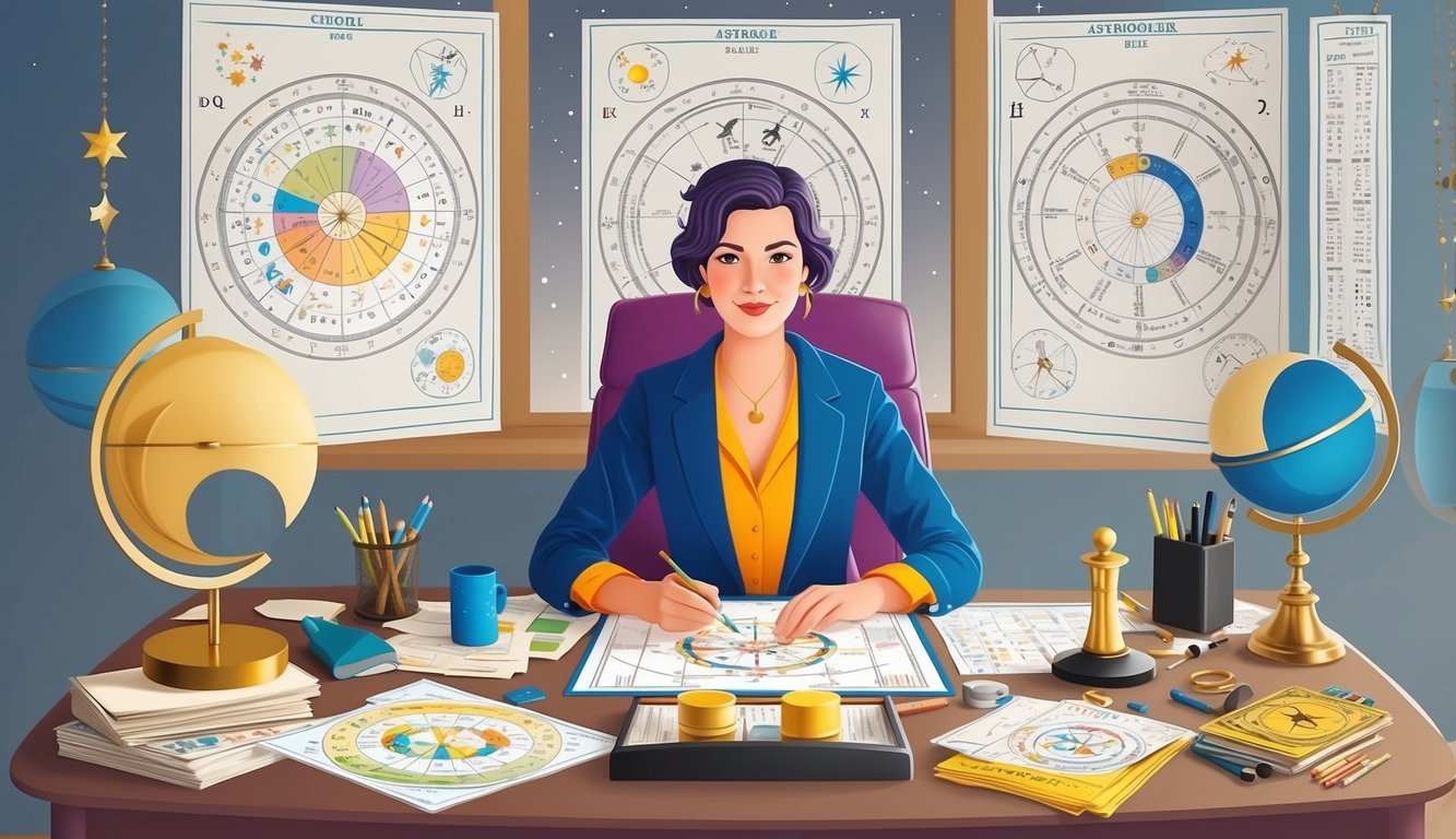 An astrologer sits at a cluttered desk, surrounded by star charts and astrological tools.</p><p>They consult a client's birth chart, calculating and interpreting celestial movements