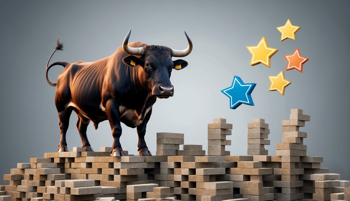 A sturdy bull stubbornly stands amidst a foundation of building blocks, while five strategies float around it like guiding stars