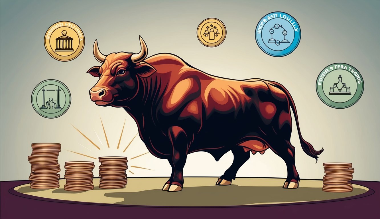 A steadfast bull standing firm, surrounded by symbols of honesty and loyalty, while five strategies hover nearby