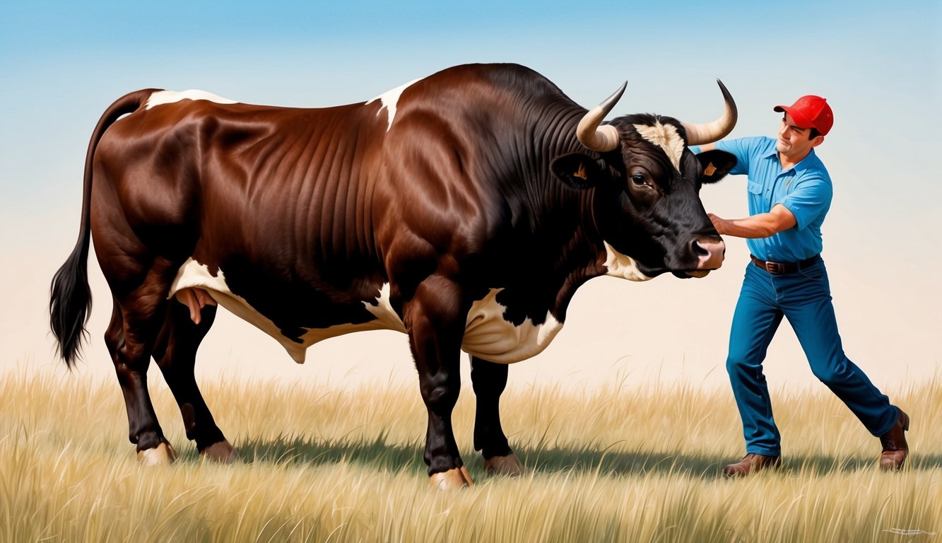 A Taurus bull stubbornly stands its ground, while a person tries to gently guide it in a different direction