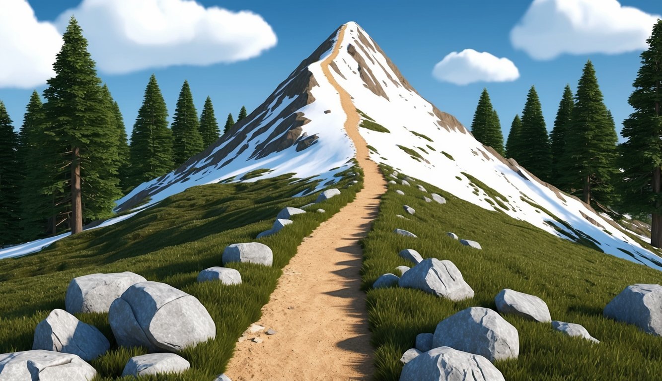 A mountain peak with a clear path leading to the top, surrounded by stable and grounded elements such as rocks and trees