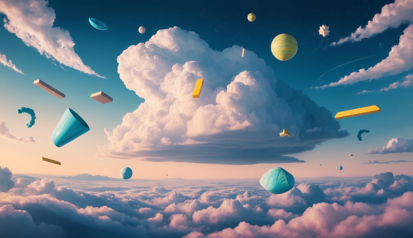 A surreal landscape with floating objects representing common dream themes, such as flying, falling, or being chased, surrounded by swirling clouds and vibrant colors