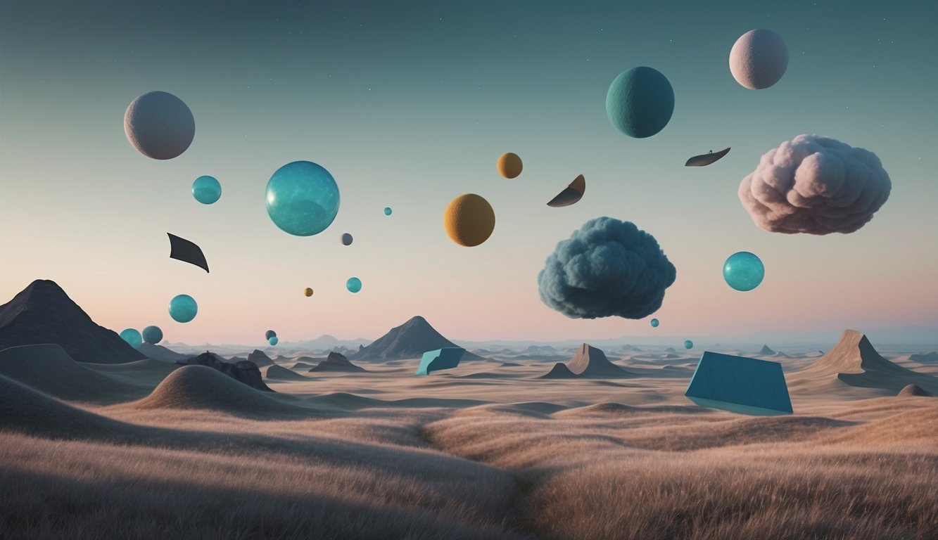 A surreal landscape with floating objects representing common dream themes such as flying, falling, or being chased