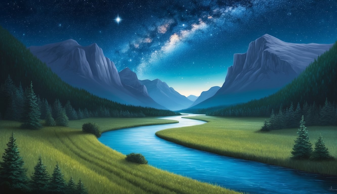 A serene landscape with a winding river, towering mountains, and a starry night sky, evoking a sense of mystery and introspection