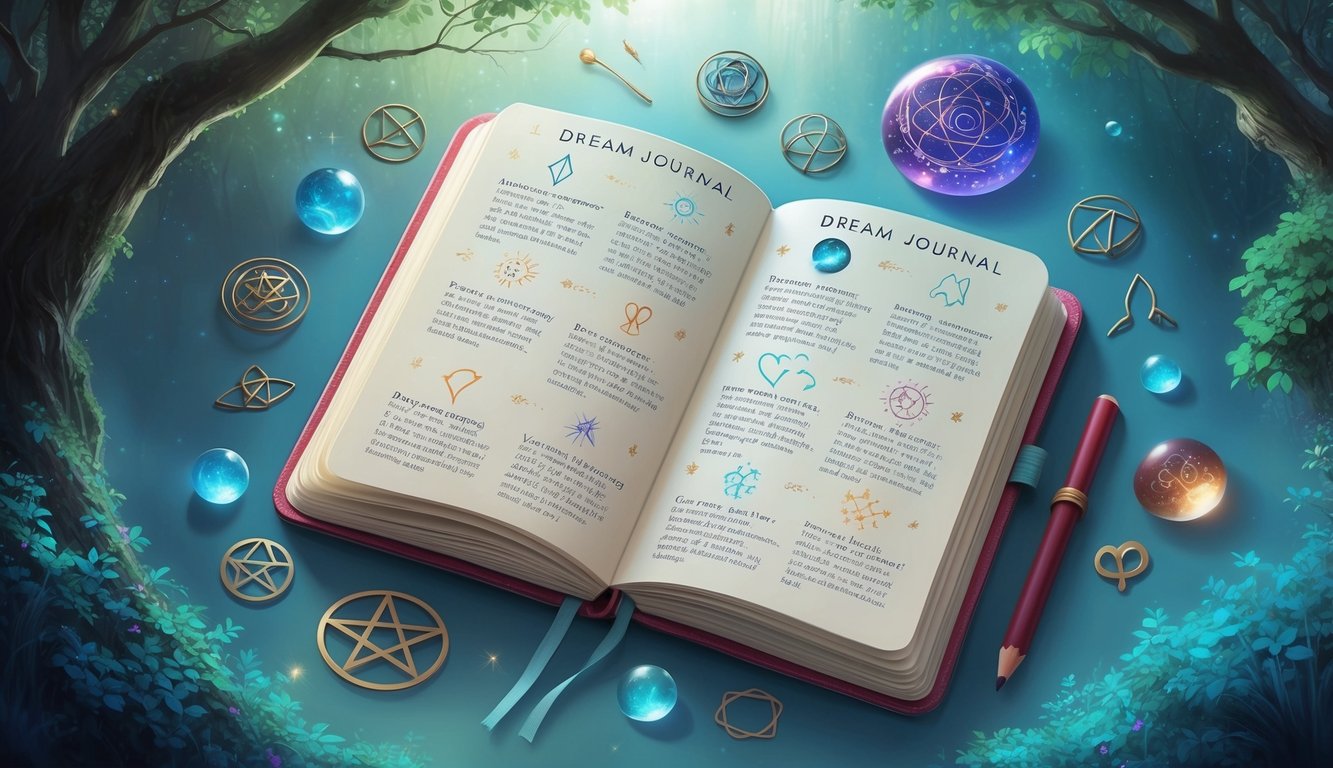 A dream journal with various symbols and their interpretations, surrounded by a serene and mystical atmosphere