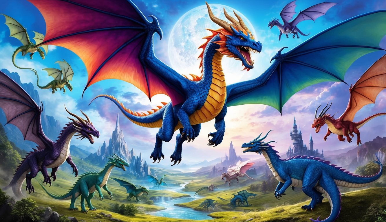 A majestic dragon of vibrant colors flies above a mystical landscape, surrounded by other dragons of varying types and sizes