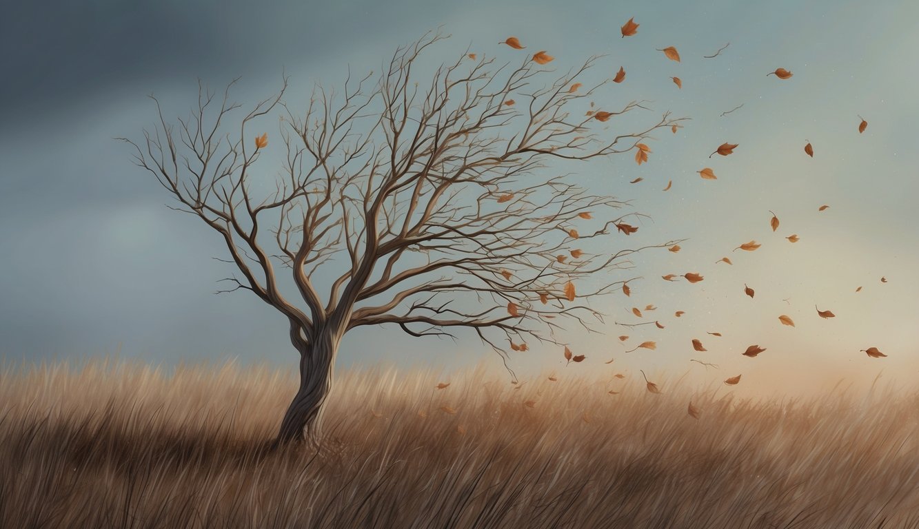 A barren tree shedding its leaves in a gusty wind