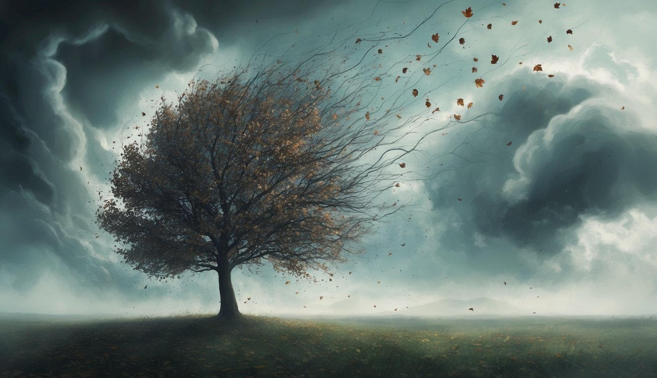 A lone tree shedding its leaves in a gust of wind, surrounded by swirling clouds and a sense of unease