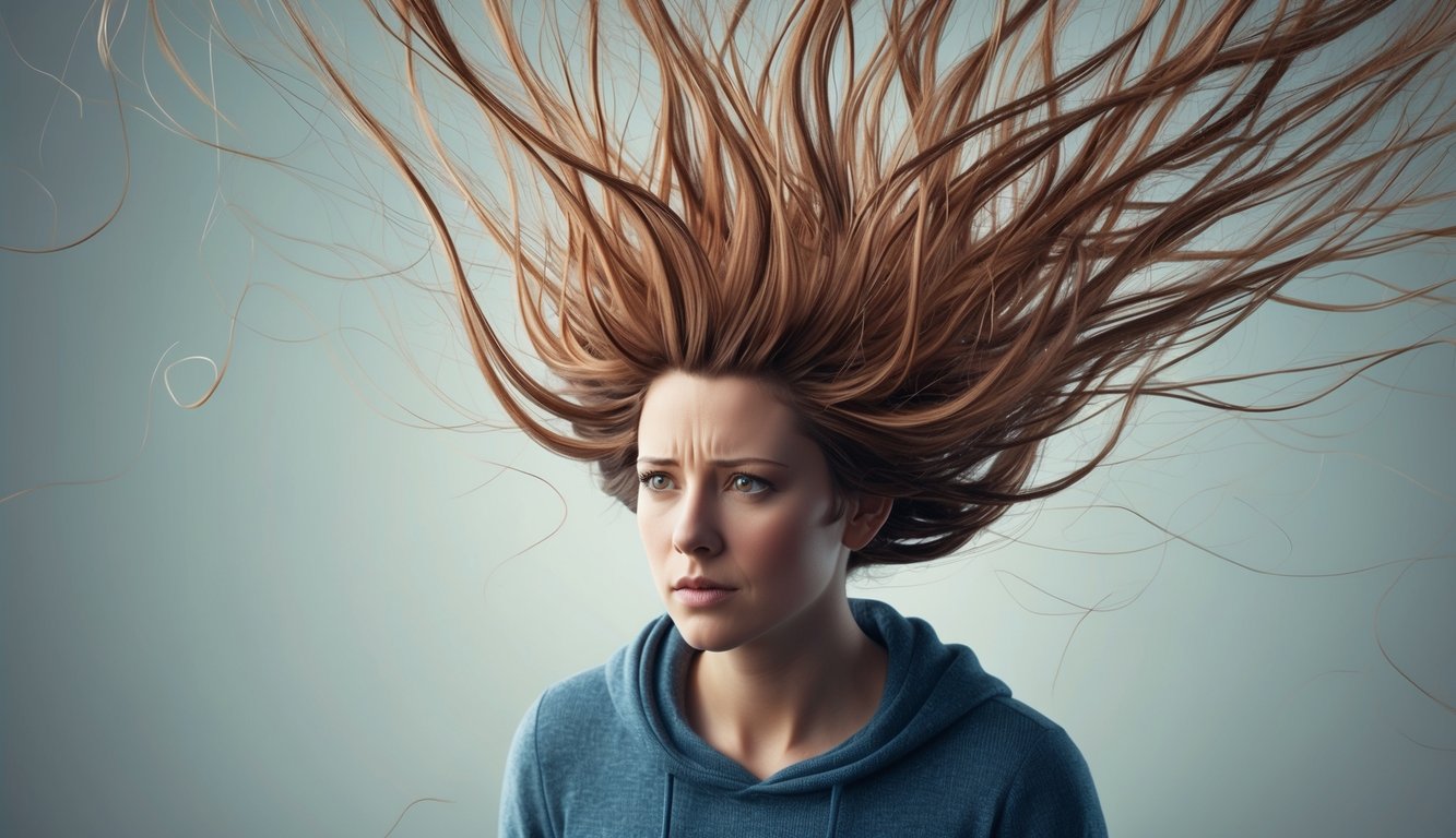 A figure surrounded by floating strands of hair, with a look of concern on their face as the hair slowly drifts away