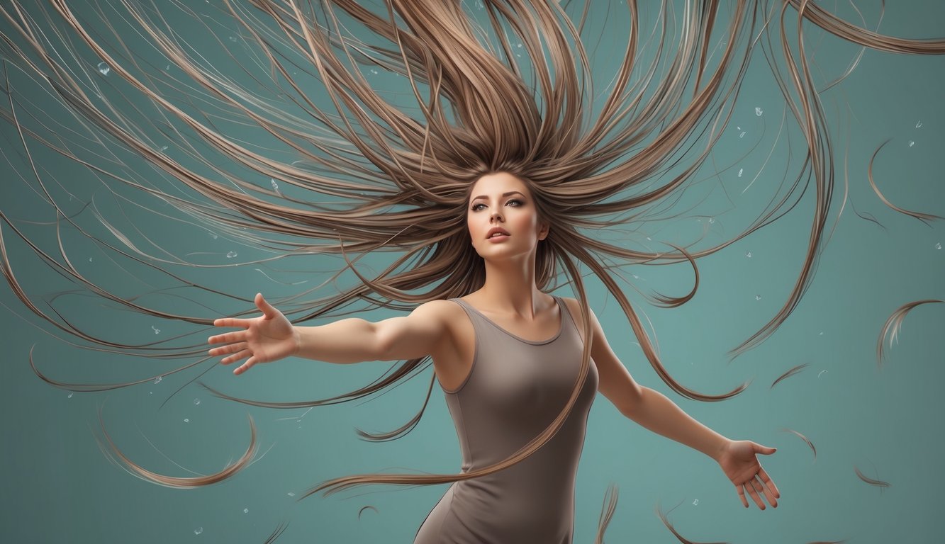 A figure surrounded by floating strands of hair, reaching out to catch them as they drift away