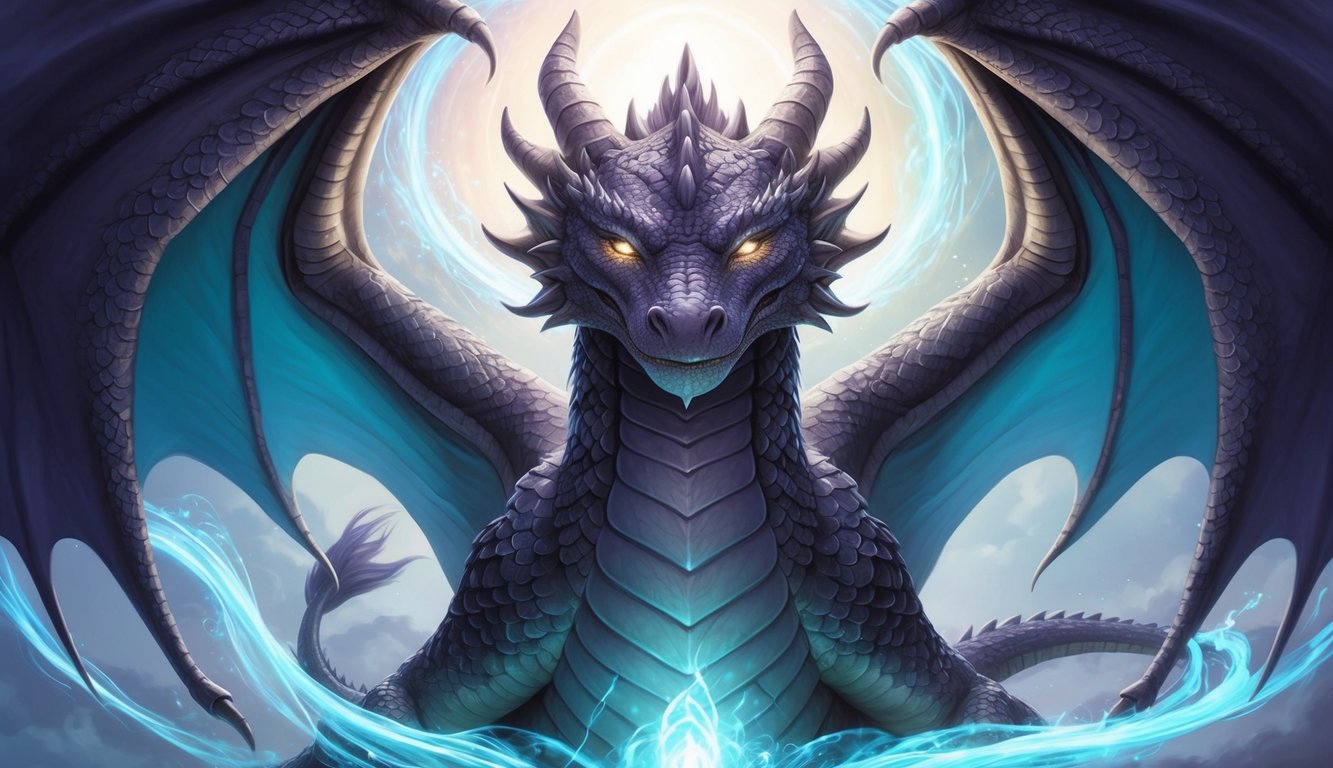 A majestic dragon with closed eyes, surrounded by swirling colors and ethereal light, conveying a sense of introspection and deep spiritual connection