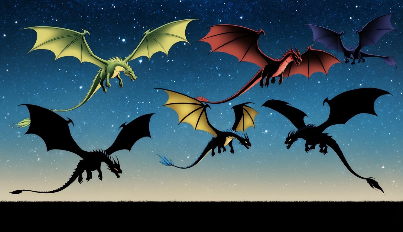 Multiple dragons soaring through a starry night sky, each with distinct colors and features, their silhouettes casting dramatic shadows on the ground below