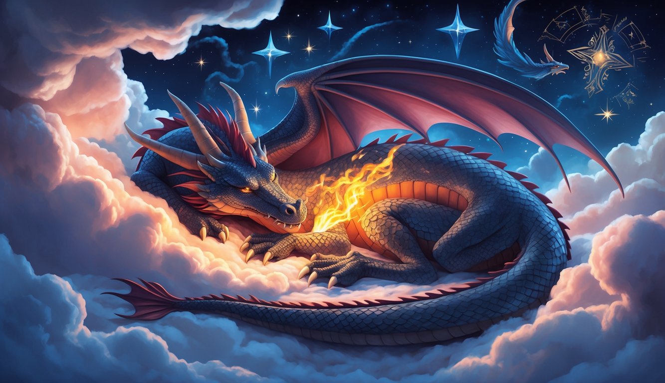 A dragon sleeping peacefully, surrounded by swirling clouds and shimmering stars, with visions of fire and ancient symbols dancing in its dreams