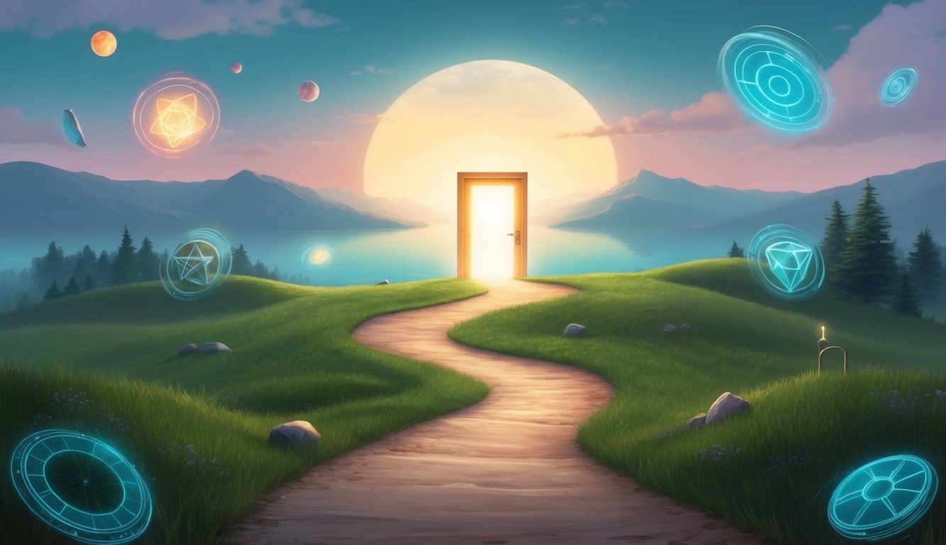 A serene landscape with a winding path leading to a glowing door, surrounded by surreal symbols and floating objects