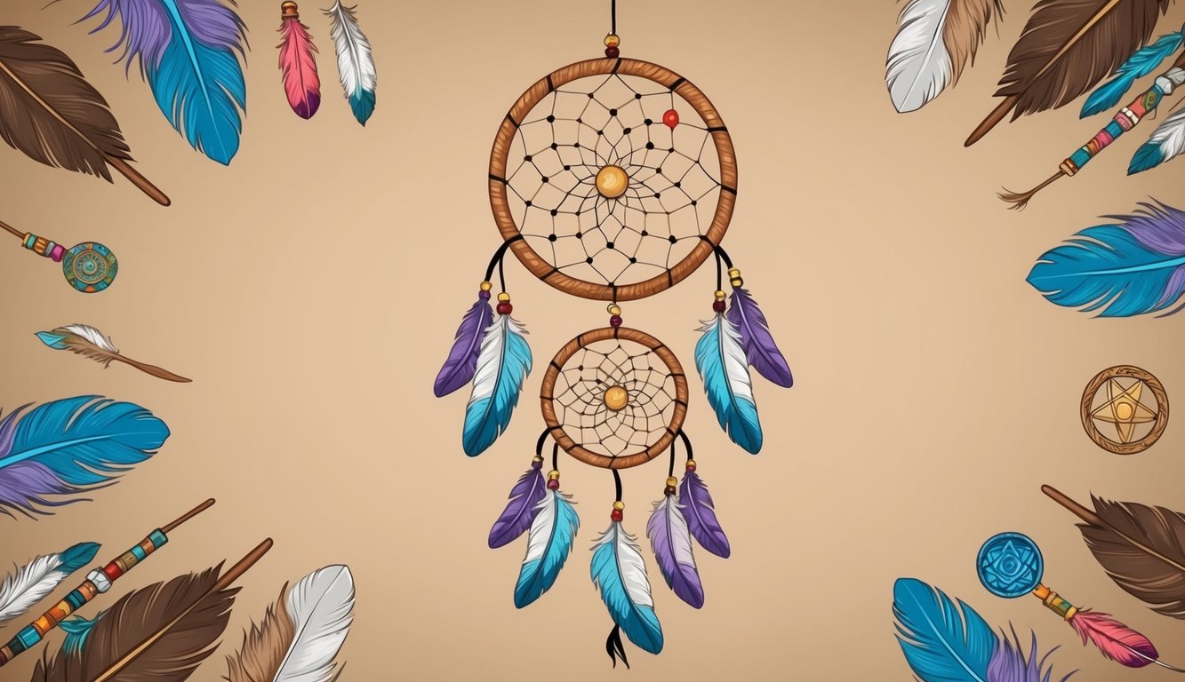 A dreamcatcher hanging from a wooden beam, surrounded by feathers and symbolic objects from various cultures