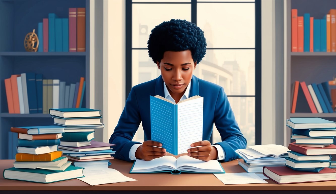 A person sitting at a desk, surrounded by books and papers, with a thoughtful expression while staring at a dream journal