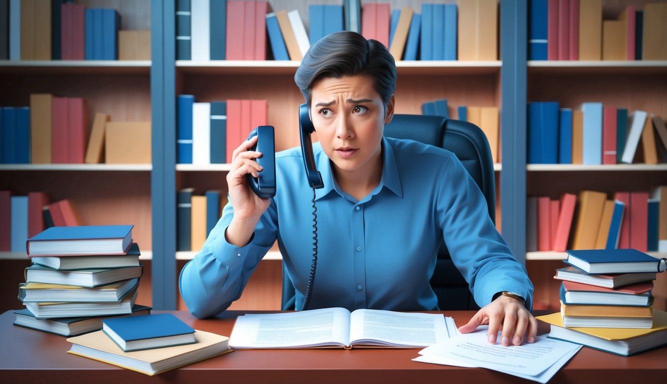 A person sitting at a desk, surrounded by books and papers, with a concerned expression while reaching for a phone to seek professional help