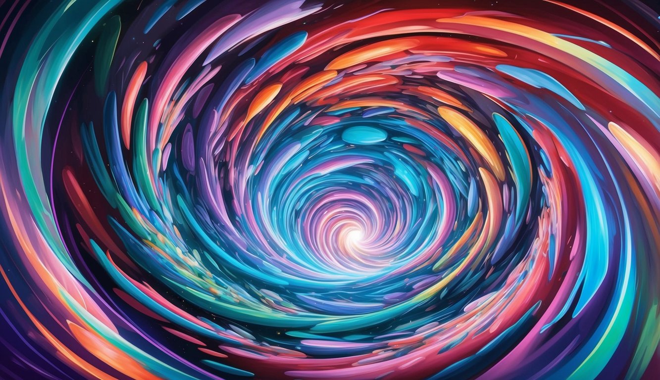 A swirling vortex of colorful shapes and patterns, merging and shifting in a dynamic dance of energy and motion