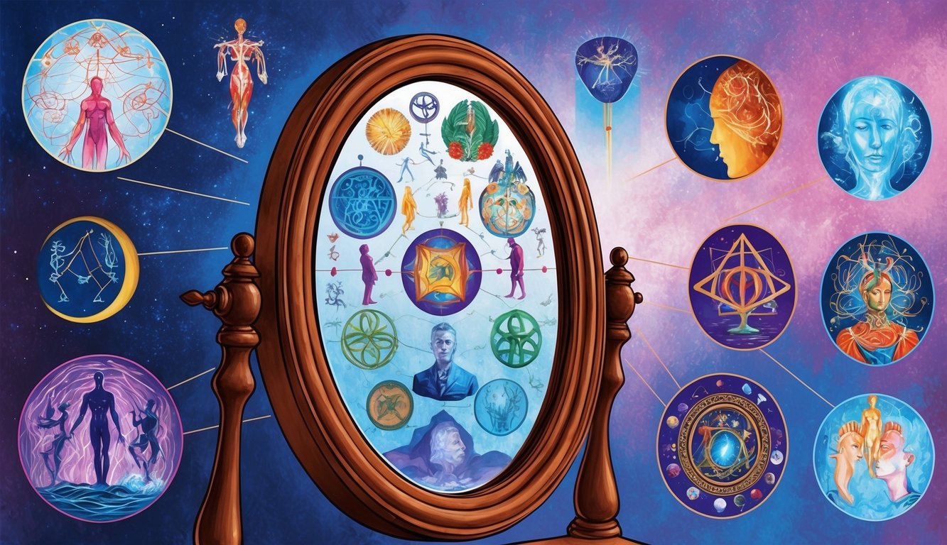 A mirror reflecting a variety of symbols and imagery, representing the subconscious mind and the self