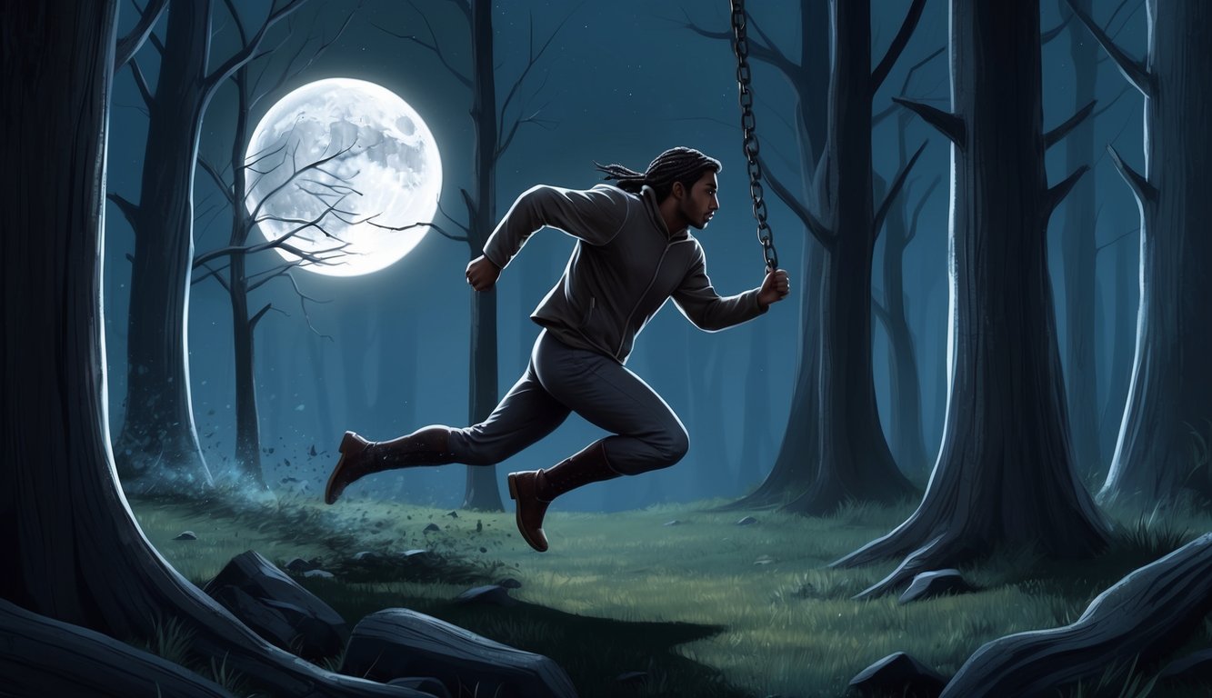 A figure running through a dark forest, breaking free from chains, with moonlight casting long shadows