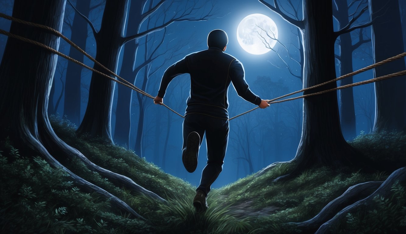 A figure running through a dark forest, breaking free from ropes, with moonlight shining through the trees