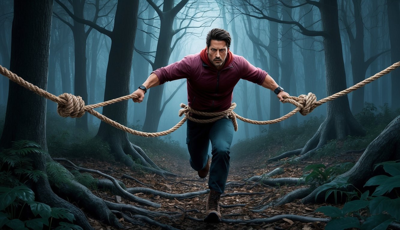 A figure running through a dark forest, breaking free from rope bindings