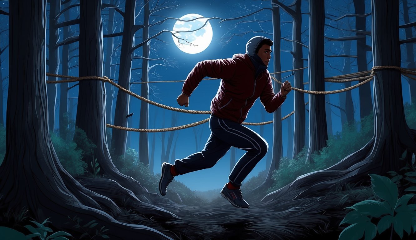 A figure runs through a dark forest, breaking free from ropes, with moonlight shining through the trees