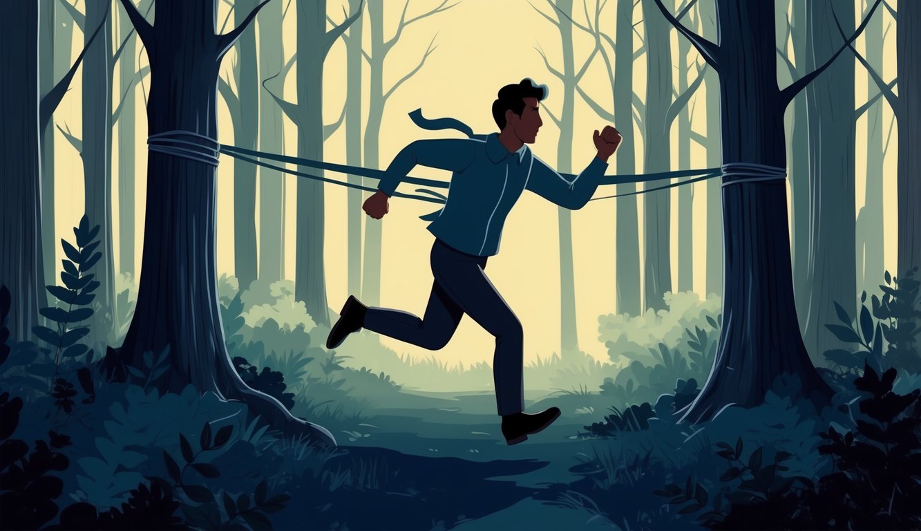 A figure running through a dark forest, breaking free from restraints, with a sense of relief and determination