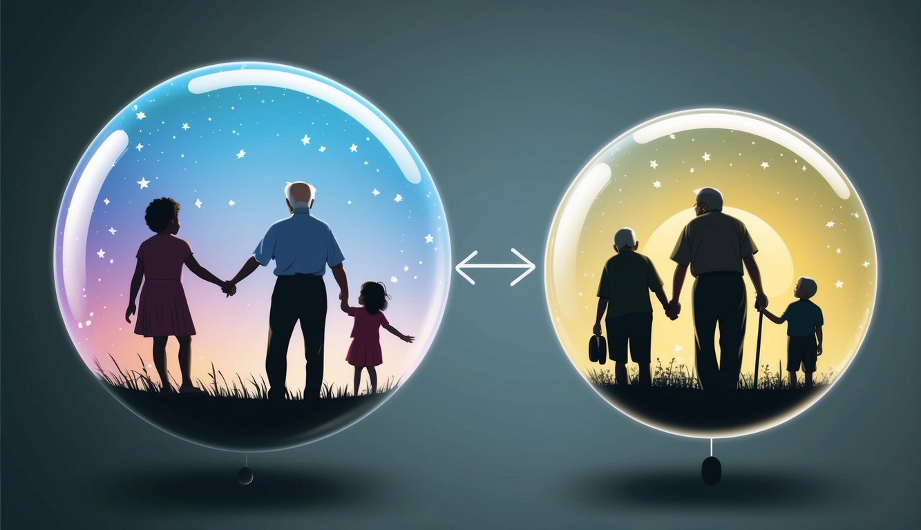 A child's dream bubble connects to an elderly person's dream bubble, with silhouettes of old friends inside each