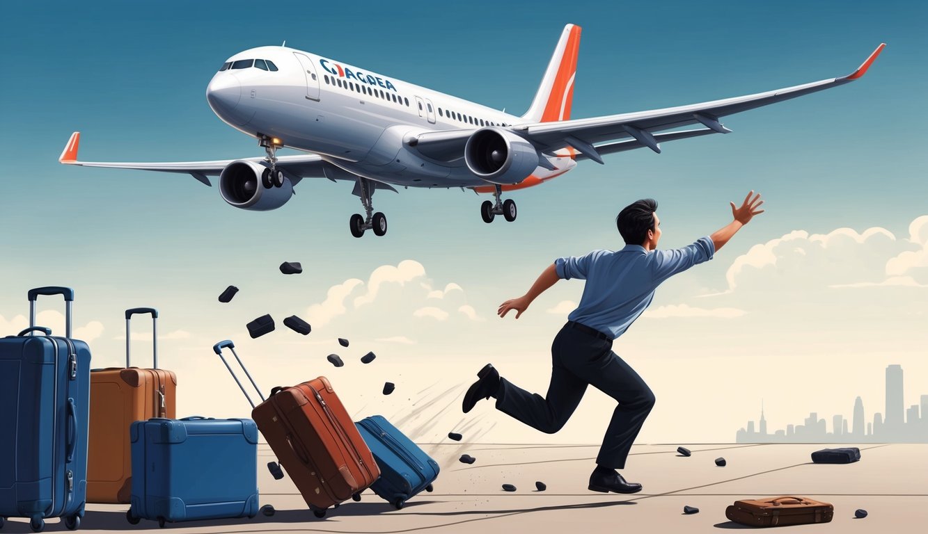 A person running towards a departing airplane, reaching out as it takes off without them.</p><p>Luggage is scattered on the ground