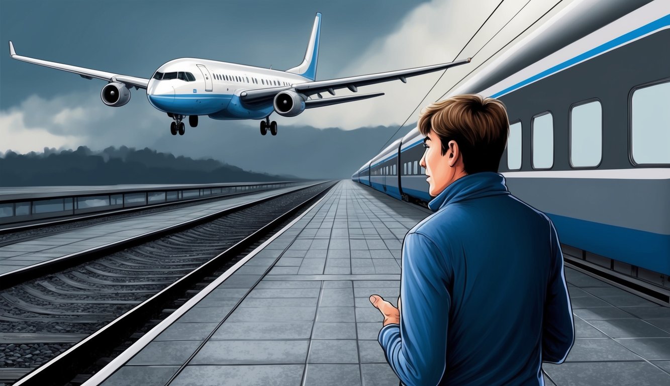 A person standing on a deserted platform, watching as a plane or train departs without them.</p><p>The feeling of frustration and anxiety is evident on their face