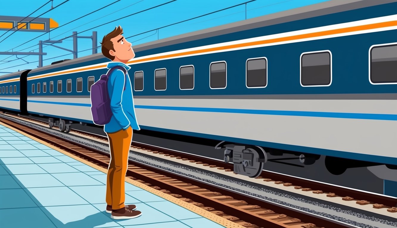 A person standing on a platform, watching a train or plane depart without them, with a look of disappointment and frustration on their face