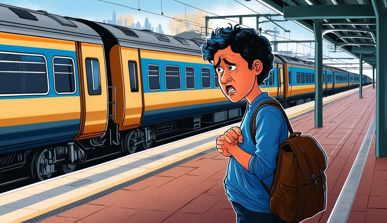 A person standing on a platform, watching a train depart, with a look of frustration and disappointment on their face