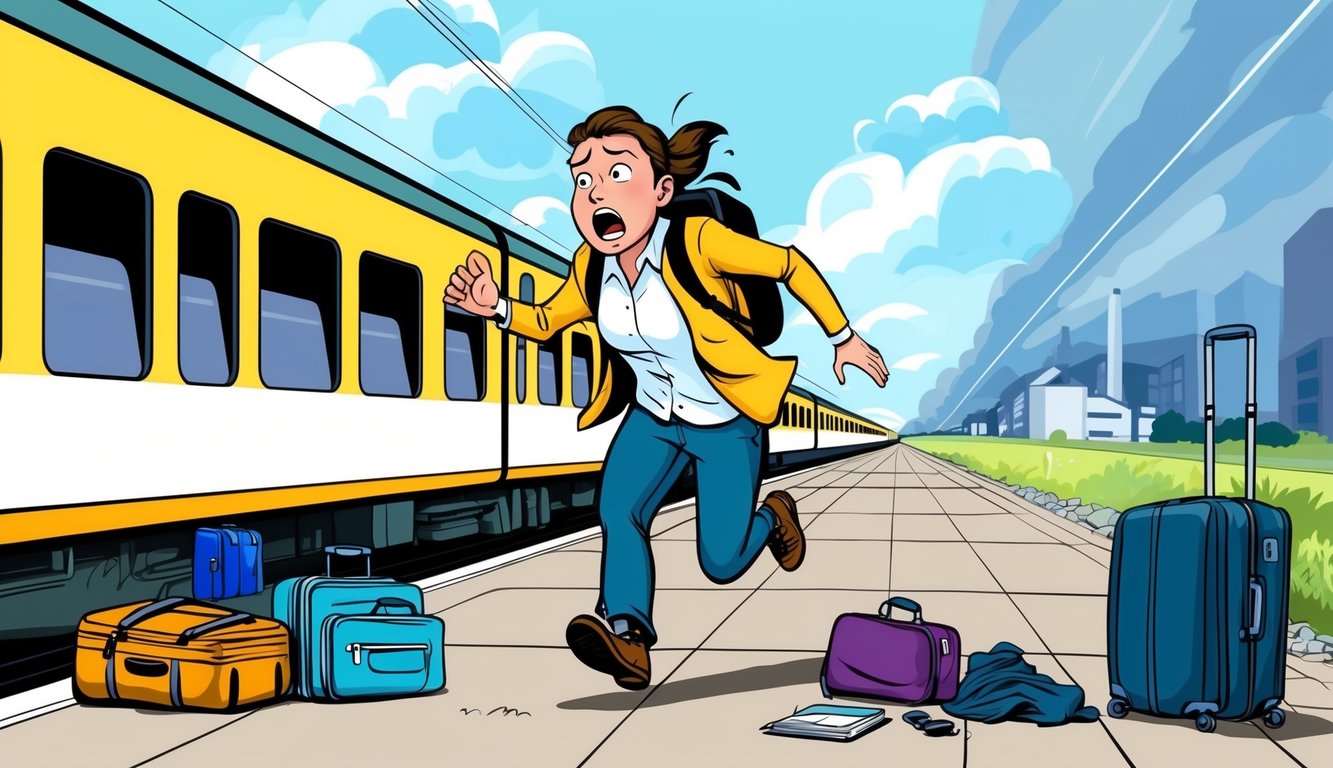 A person running towards a departing train or plane, with a look of panic and frustration on their face.</p><p>Luggage and personal belongings are scattered around them