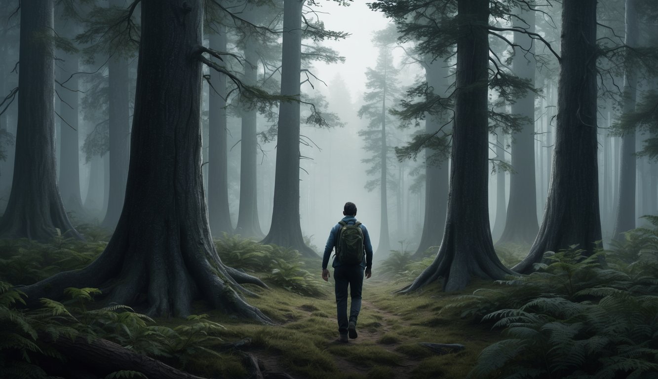 A person wandering through a dense and unfamiliar forest, surrounded by towering trees and a thick fog, with no clear path in sight