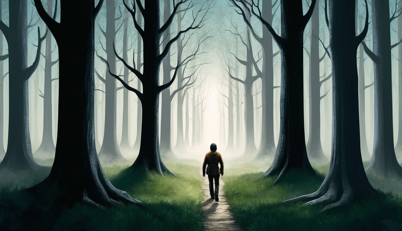 A figure wanders through a maze of towering, shadowy trees, their path disappearing into the mist ahead