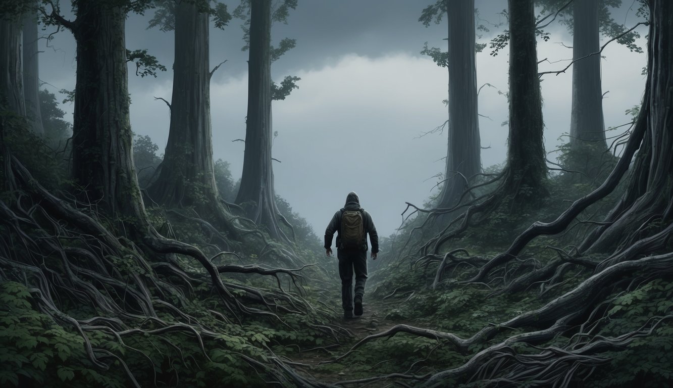 A figure wanders through a dense forest, surrounded by towering trees and tangled underbrush.</p><p>The sky is overcast, adding to the sense of disorientation and unease