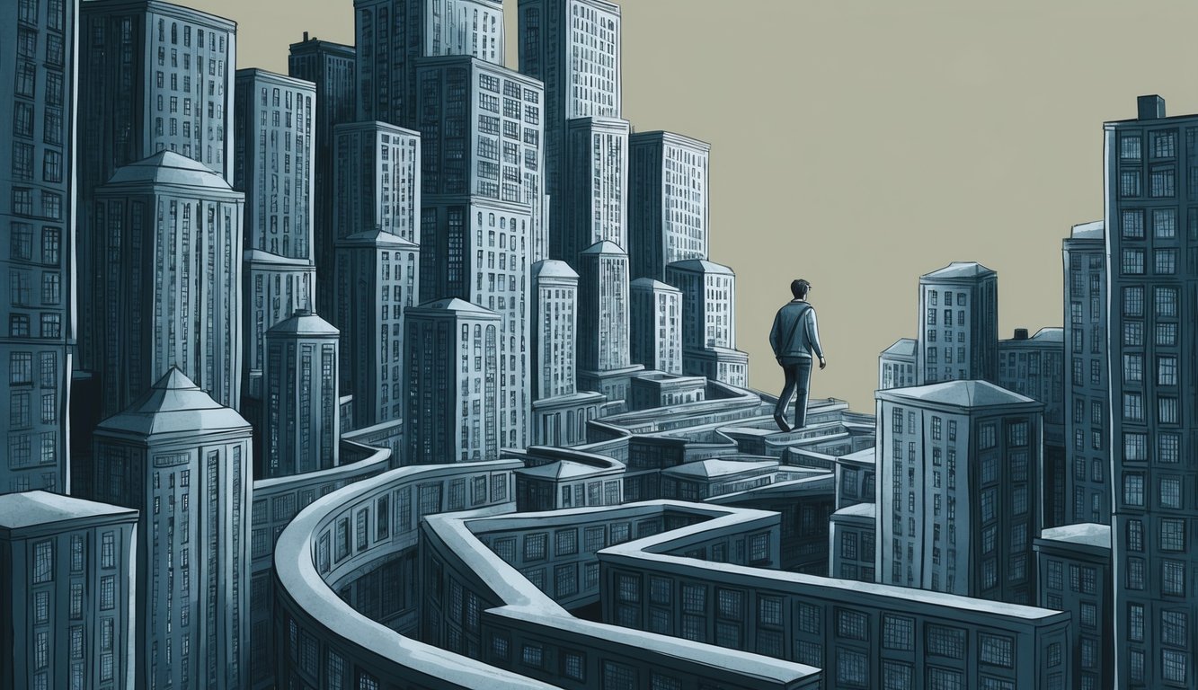 A person wanders through a maze of towering buildings, their path twisting and turning with no end in sight.</p><p>The feeling of being lost is palpable as they search for a way out