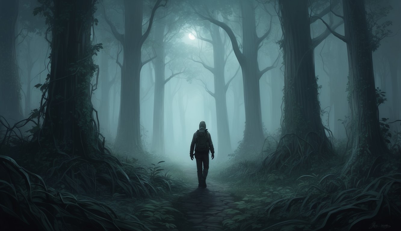 A lone figure wanders through a dense, foggy forest, surrounded by towering trees and tangled underbrush.</p><p>The dim light barely penetrates the thick canopy, casting eerie shadows on the ground