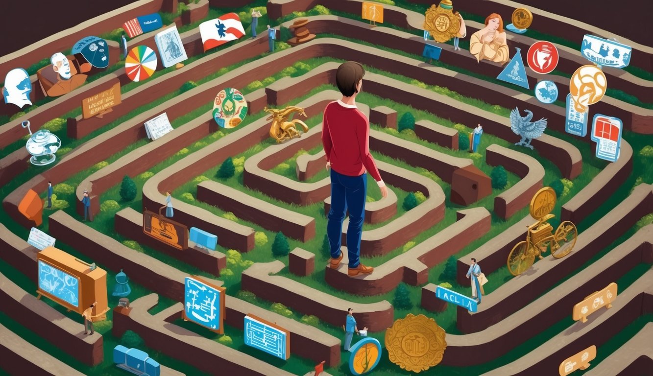 A person standing in a maze with various cultural symbols and social influences surrounding them