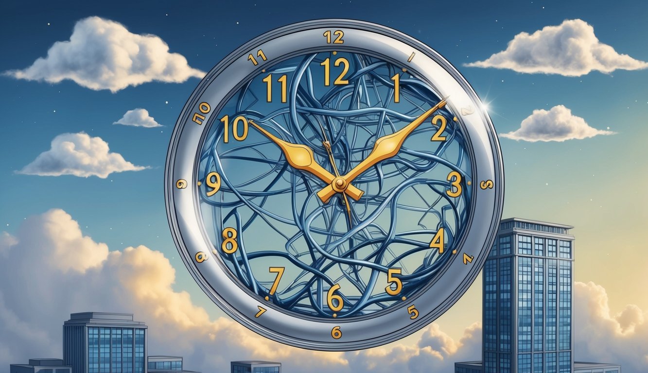 A clock with tangled hands, reflecting a web of intertwined personal relationships, surrounded by dreamy clouds and a looming office building