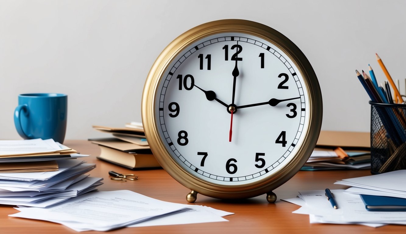 A clock with hands pointing to a time past the start of the workday, surrounded by scattered papers and a disorganized desk