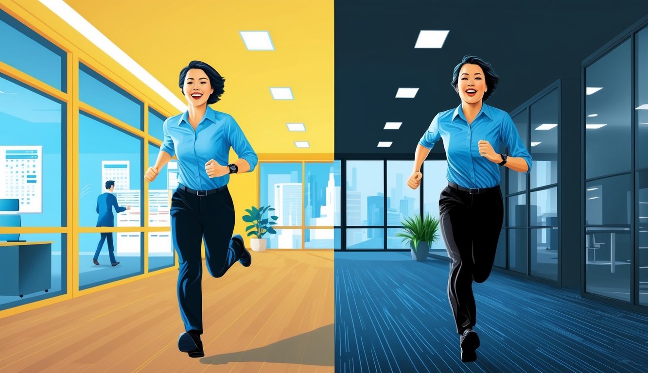 A person running towards a bright, bustling office with a smile on their face versus the same person running towards a dark, empty office with a look of panic