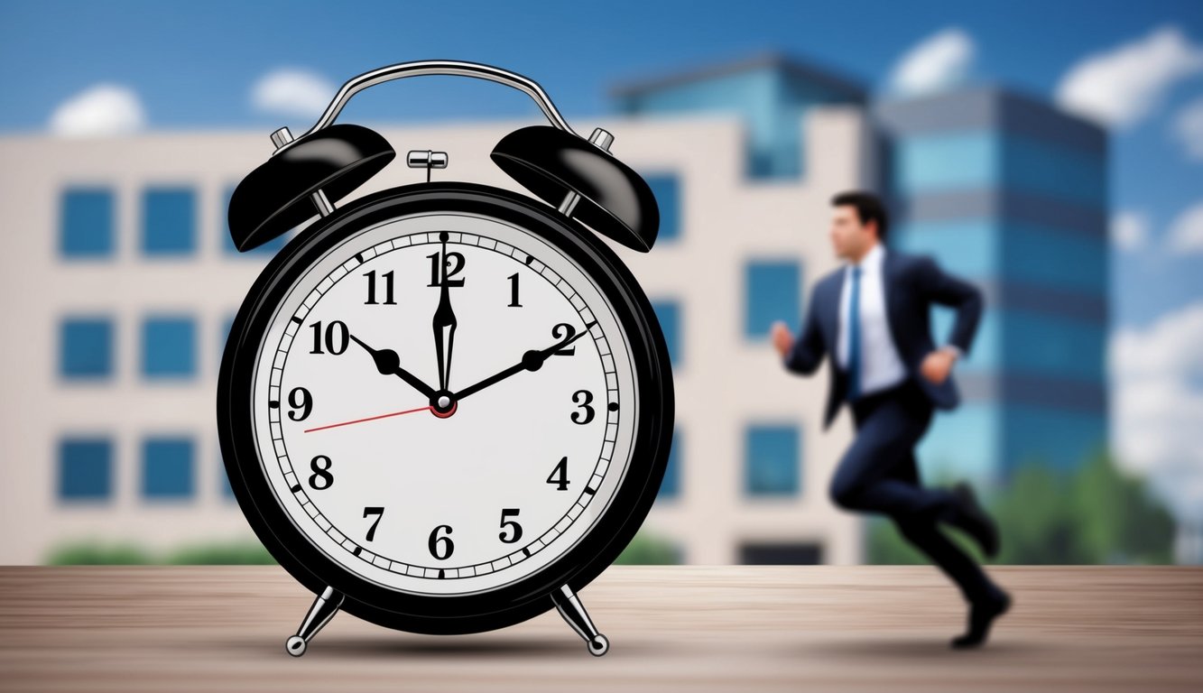 A clock with hands pointing past the hour, a blurred office building in the background, and a person running towards it