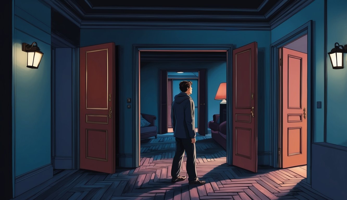 A figure explores a dimly lit, labyrinthine house, discovering secret rooms behind hidden doors