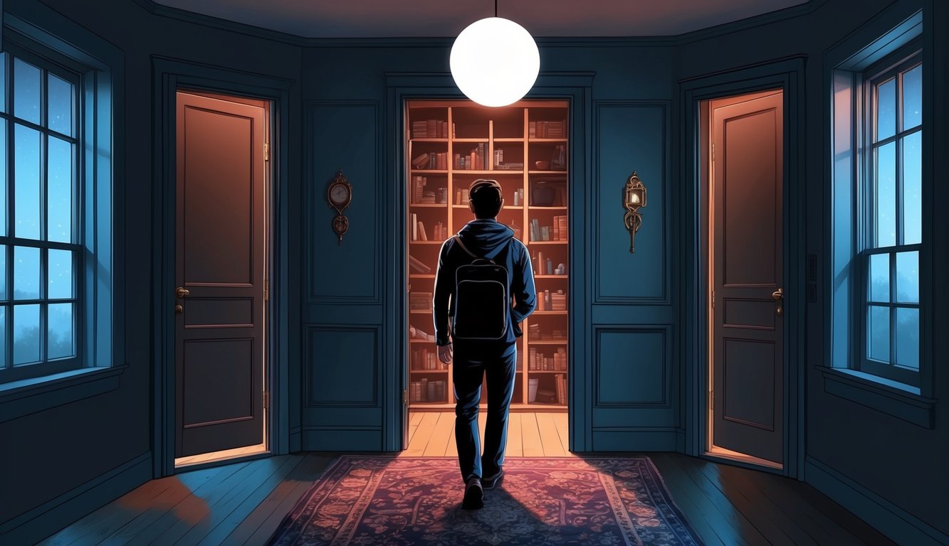 A person explores a dimly lit house, discovering hidden rooms behind secret doors