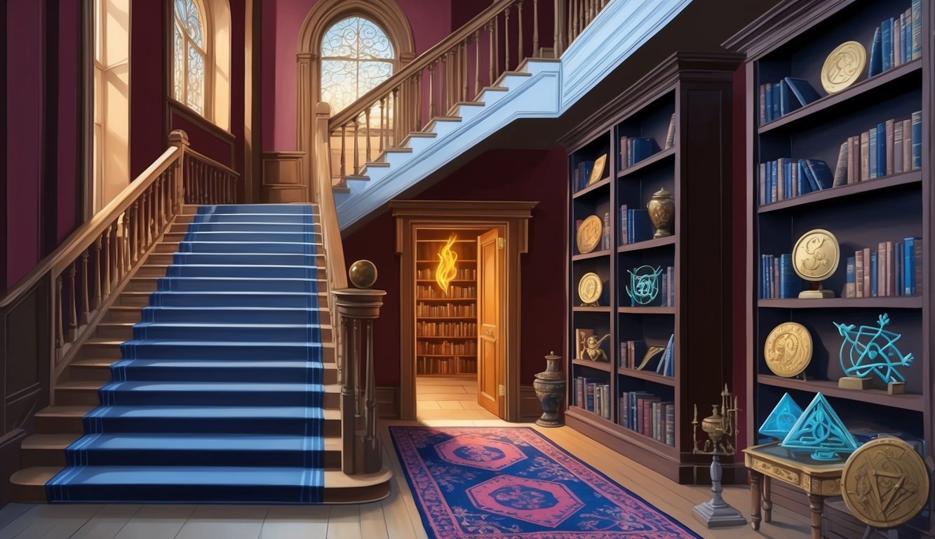 A grand staircase leads to a secret door behind a bookshelf, revealing a hidden room filled with ancient artifacts and mystical symbols