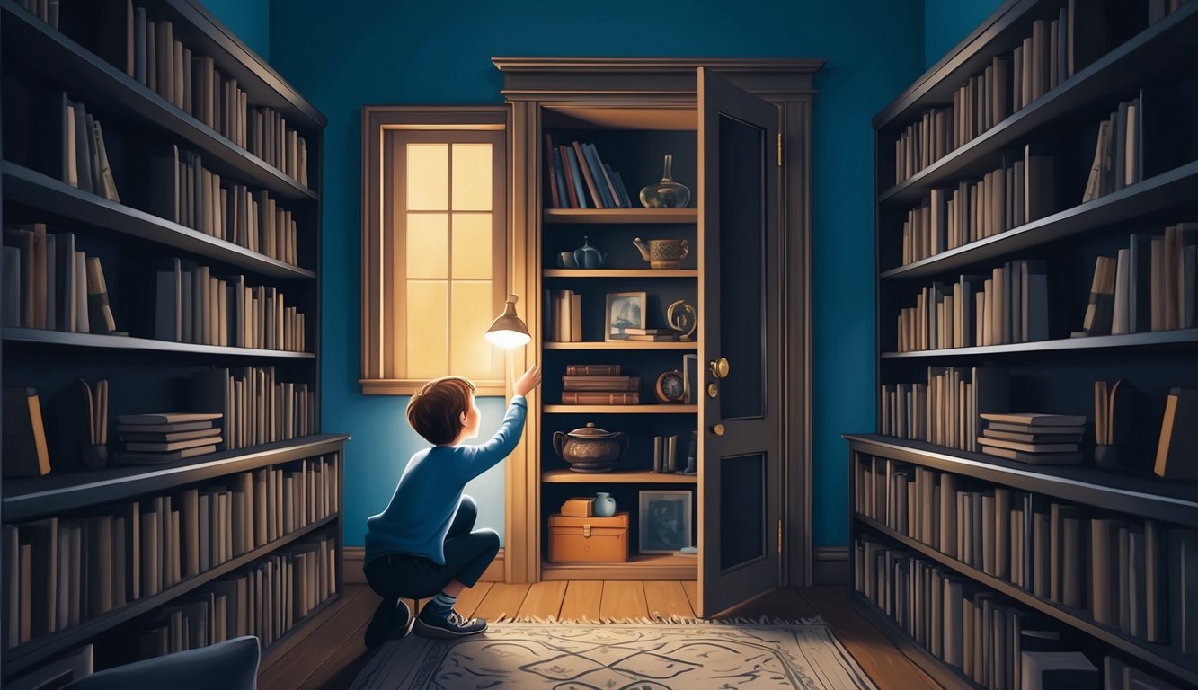 A dreamer discovers a secret door behind a bookshelf, leading to a hidden room filled with mysterious objects and dimly lit by a single window