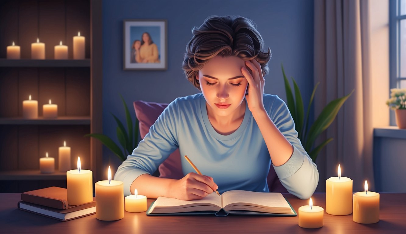 A person sitting in a cozy room, surrounded by candles and a journal, their eyes closed in deep concentration as they try to recall the details of a specific person in their dreams