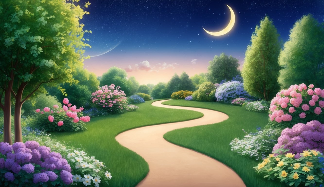 A serene garden with a winding path and blooming flowers, under a starry sky with a crescent moon